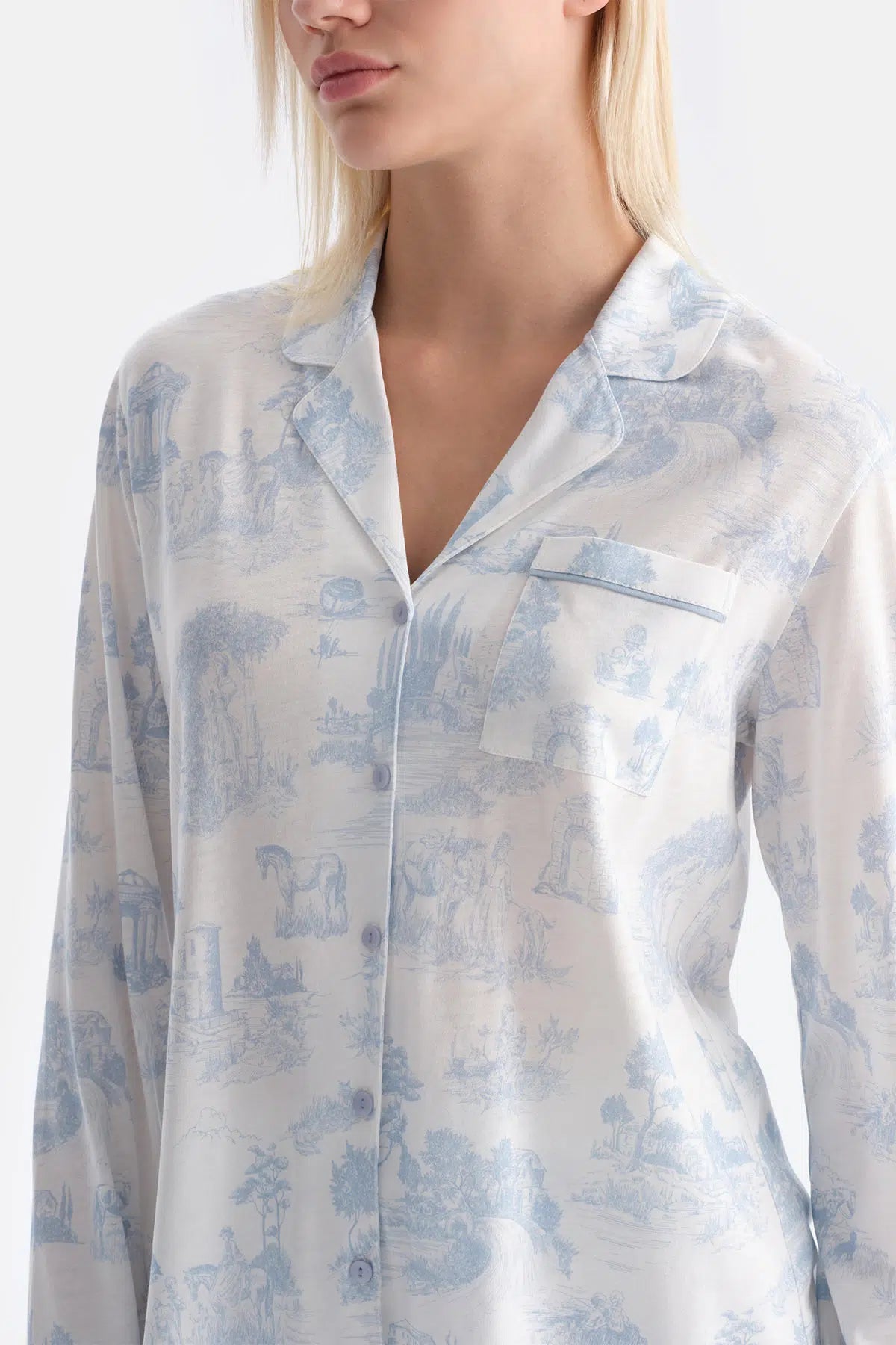 Açık Mavi Manzara Baskılı Gömlek Pantolon Takım