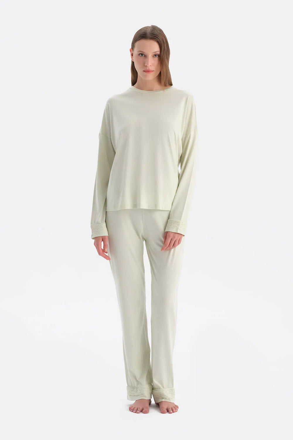 Açık Yeşil Kayık Yaka Penye Modal Tişört Pantolon Takım