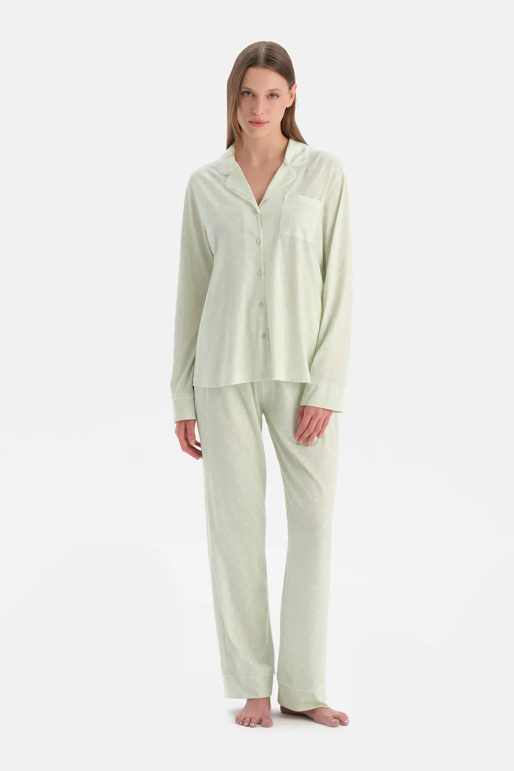 Açık Yeşil Kalp Desenli Gömlek Pantolon Takım