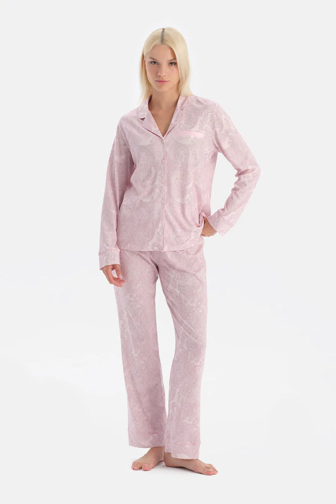 Açık Pembe Şal Desenli Gömlek Pantolon Takım