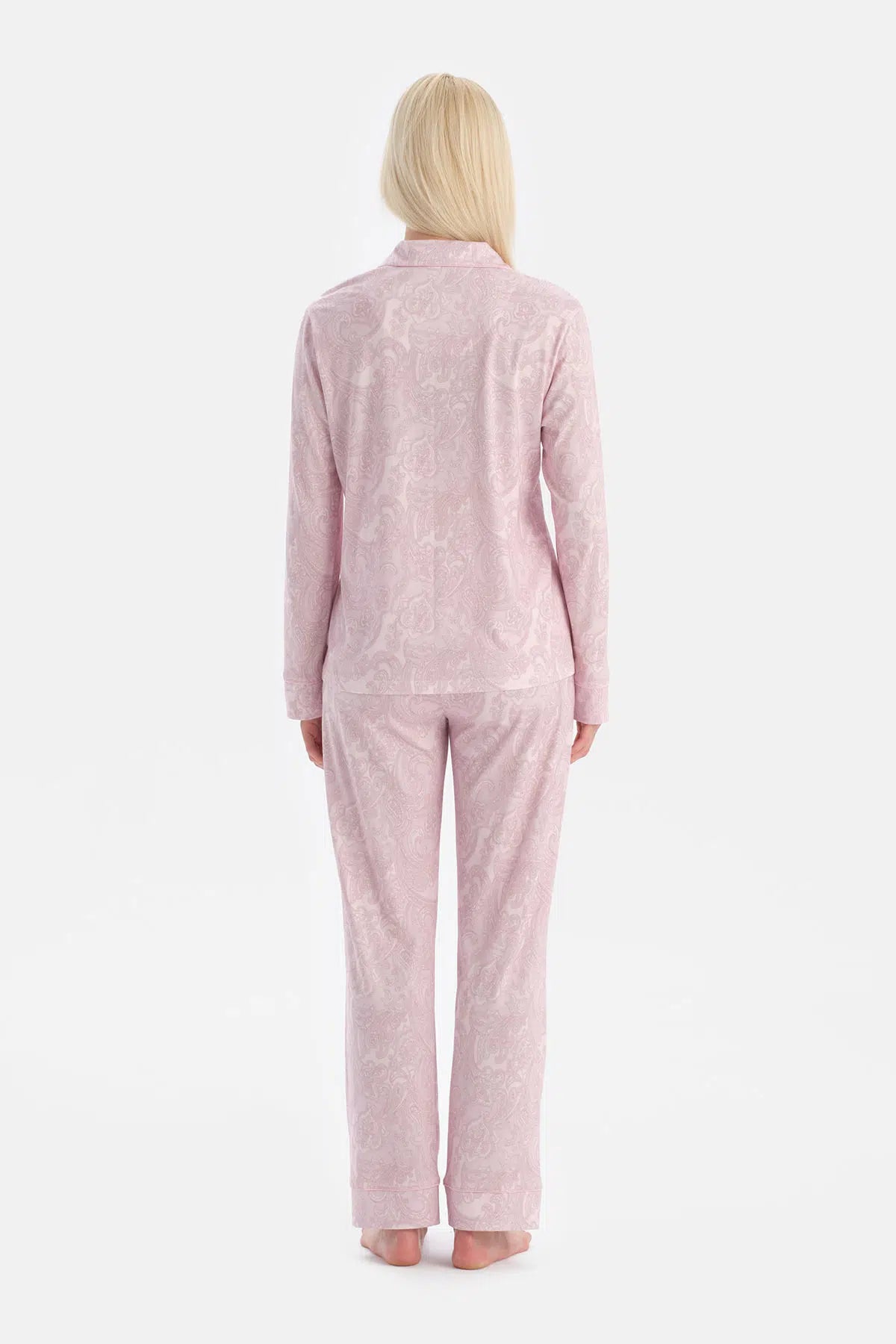 Açık Pembe Şal Desenli Gömlek Pantolon Takım