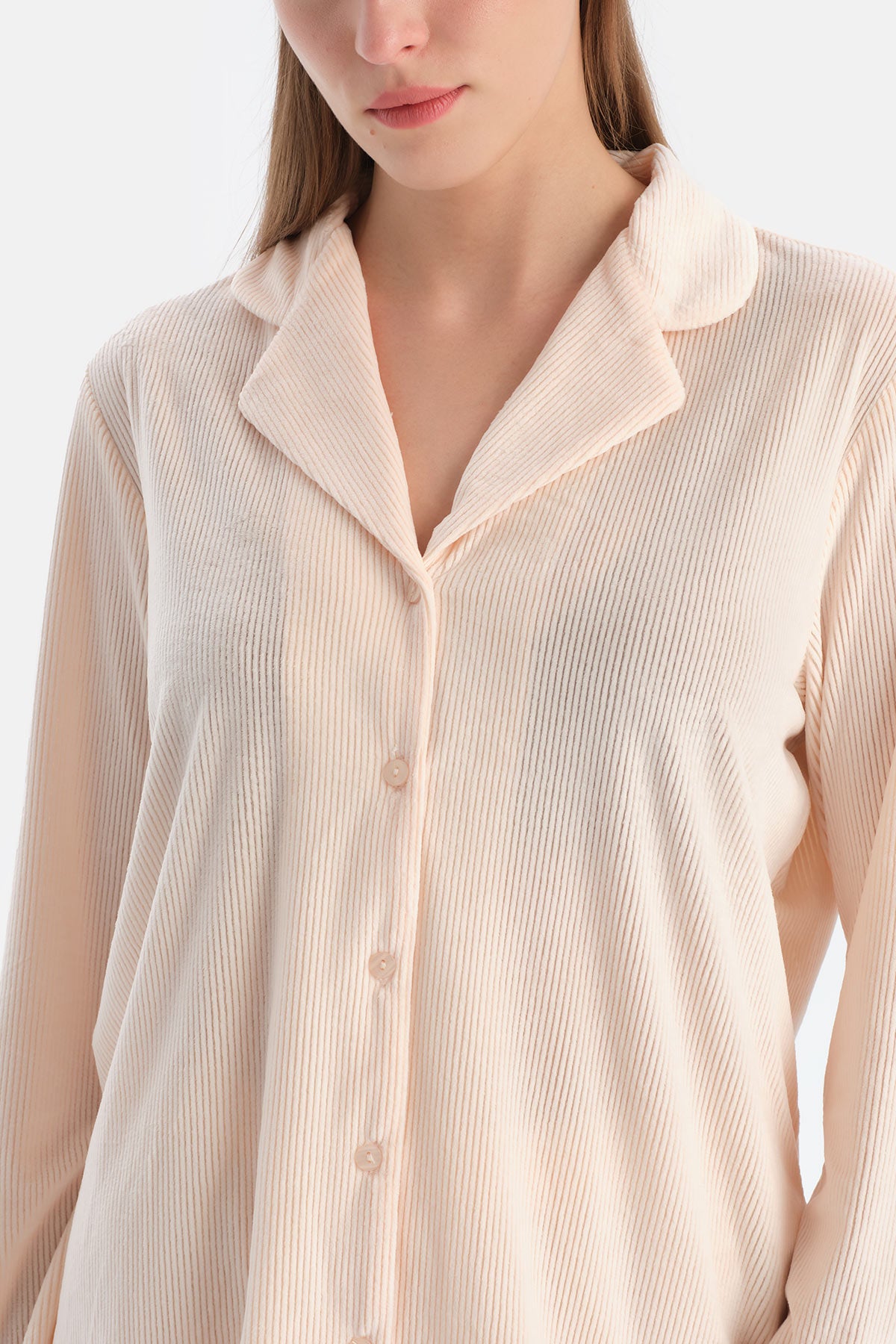 Açık Pembe Travel Ribli Kadife Gömlek Pantolon Pijama Seti