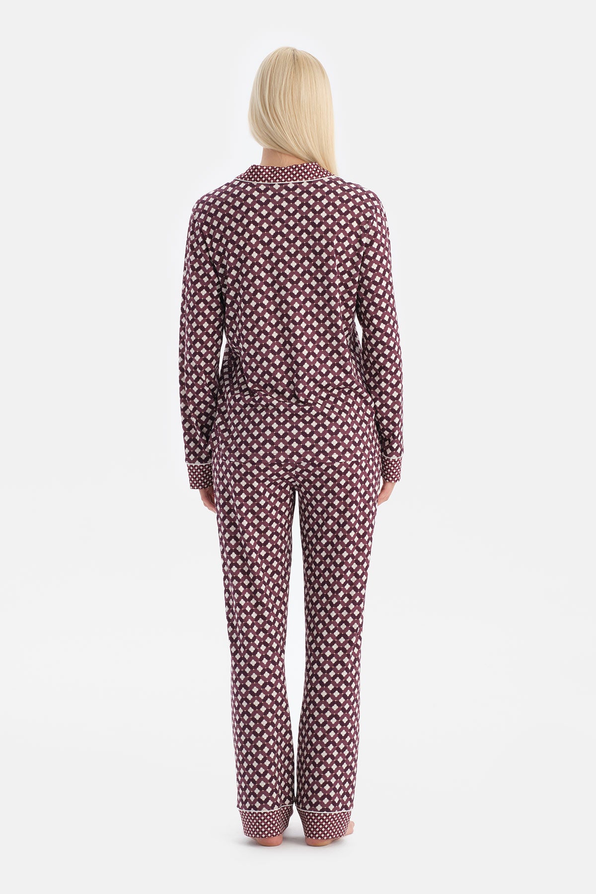 Mürdüm Geometrik Desenli Gömlek Pantolon Takım