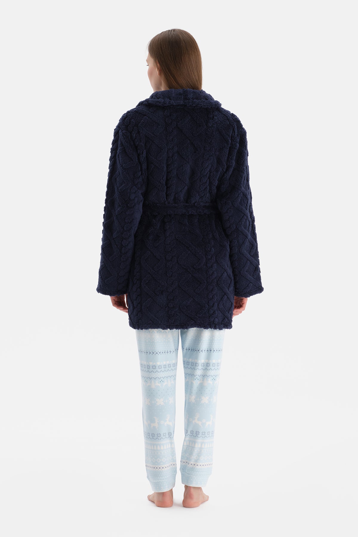 Lacivert Örgü Görünümlü Polar Sabahlık