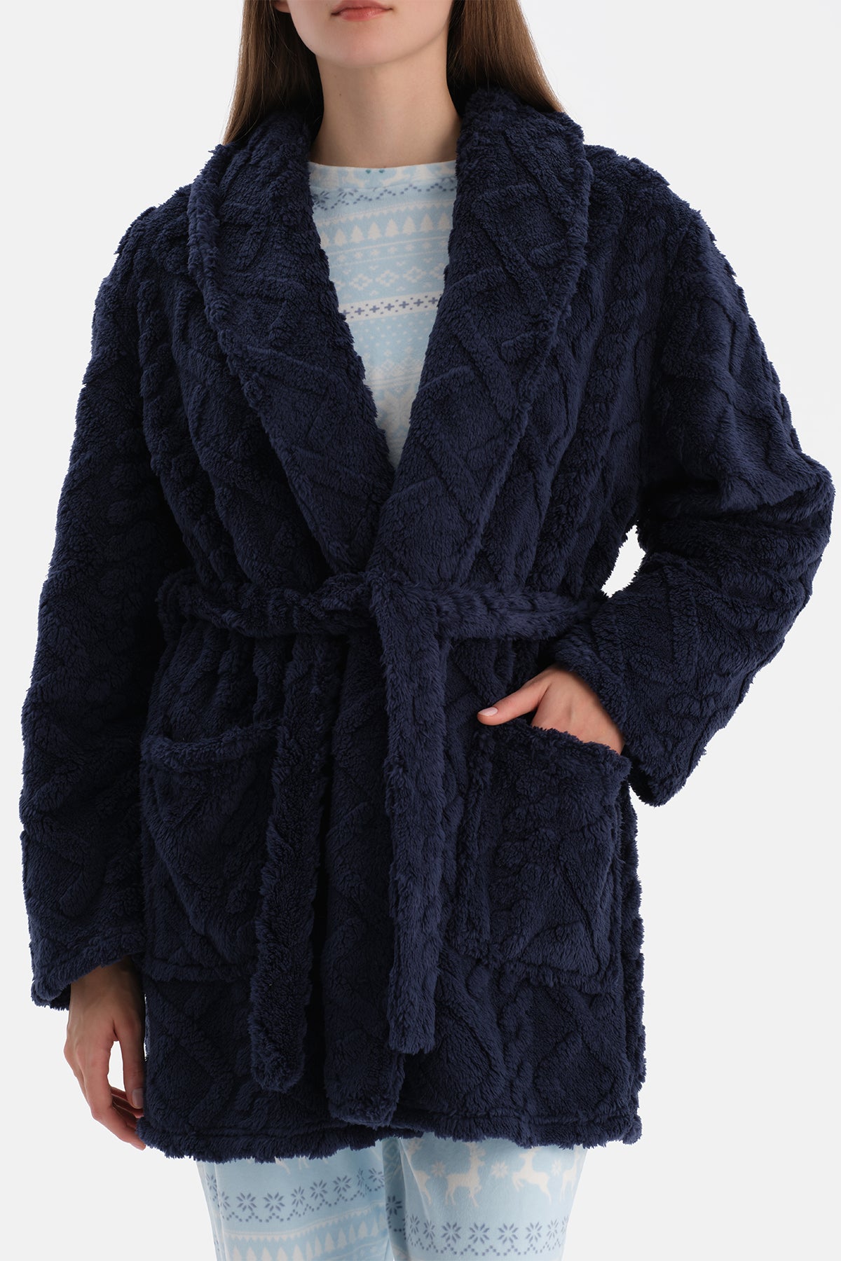 Lacivert Örgü Görünümlü Polar Sabahlık