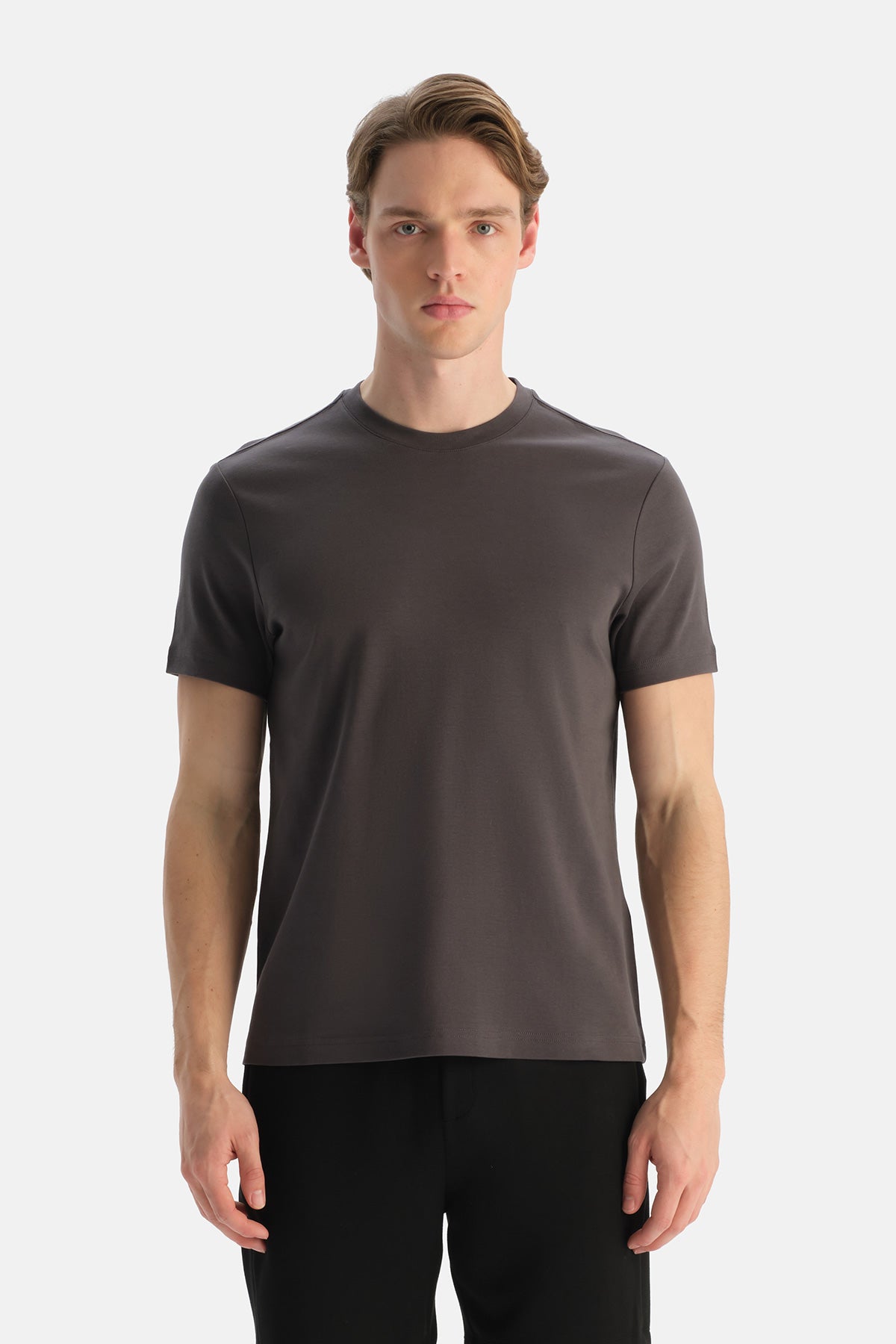 Antrasıt Bisiklet Yaka Pamuklu Basic Tişört