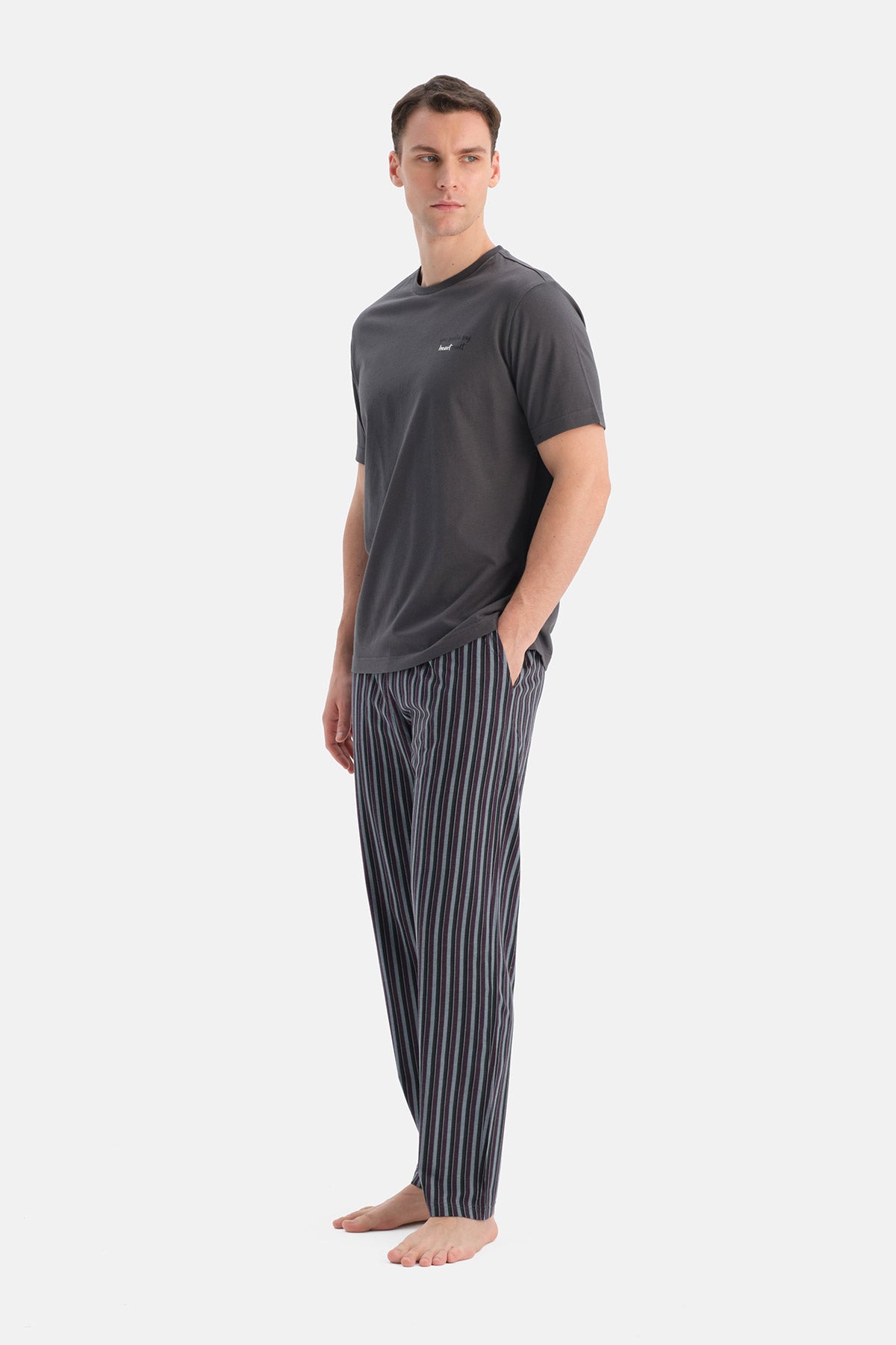 Füme Kısa Kollu Bisiklet Yaka Altı Çizgi Metraj Baskılı Pijama Takımı