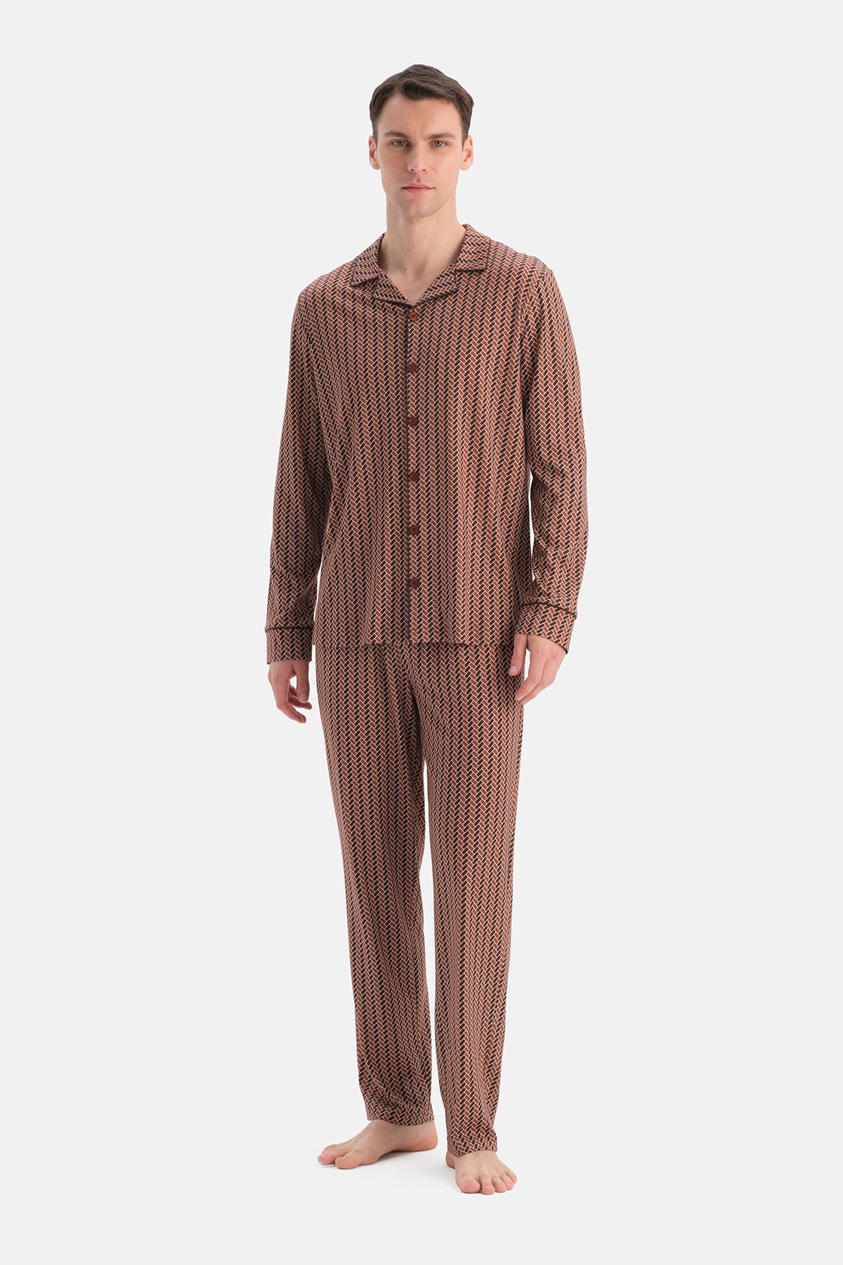 Multicolor Geometrik Desenli Pamuk Modal Gömlek Pantolon Takım