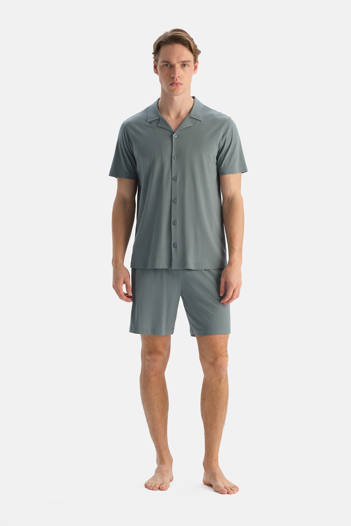 Gri Mavi Kısa Kollu Gömlek Şort Takım