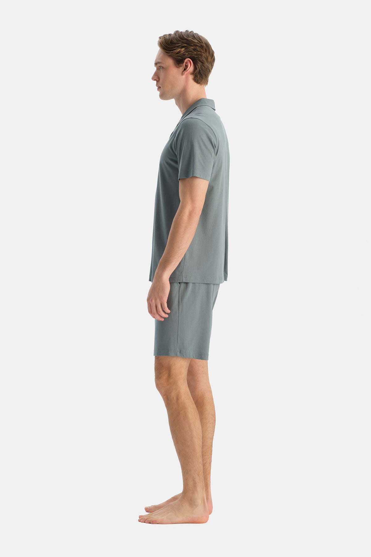 Gri Mavi Kısa Kollu Gömlek Şort Takım