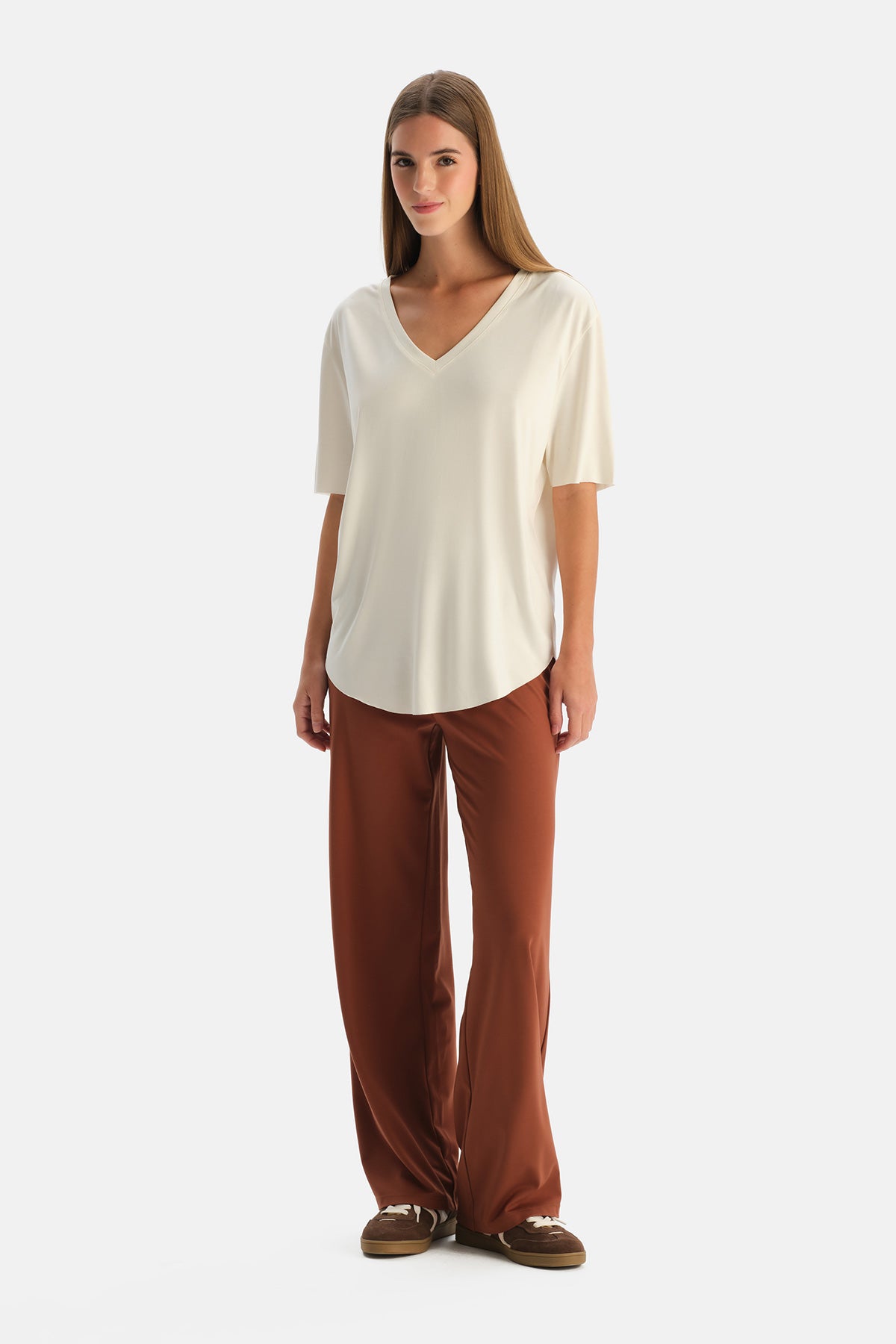 Kiremit Kordonlu Bol Paça Rayon Karışımlı Pantolon