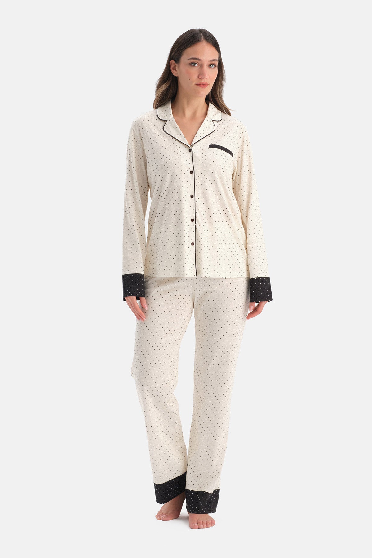 Ekru Puantiyeli Pamuk Modal Gömlek Pantolon Takım