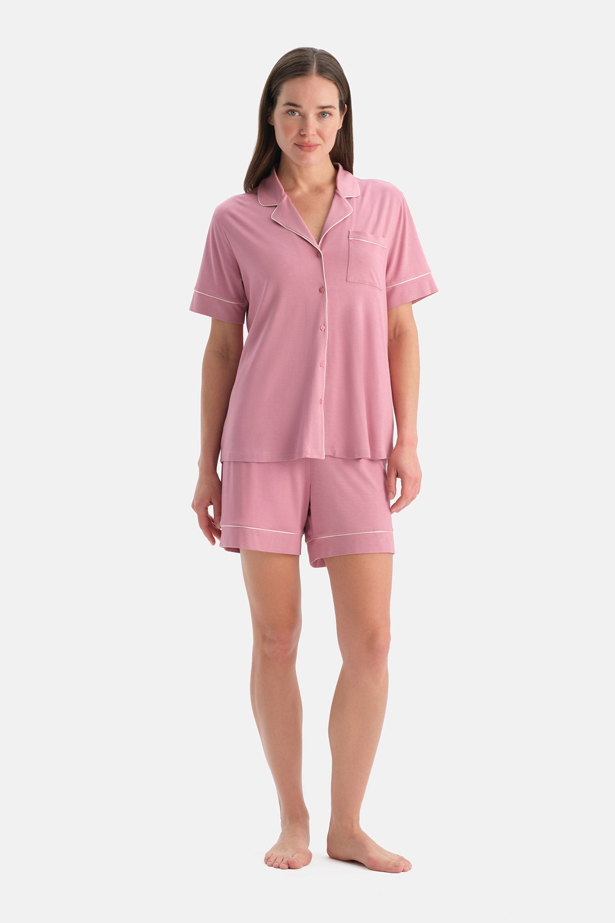 BİYELİ PAMUK MODAL GÖMLEK ŞORT TAKIM