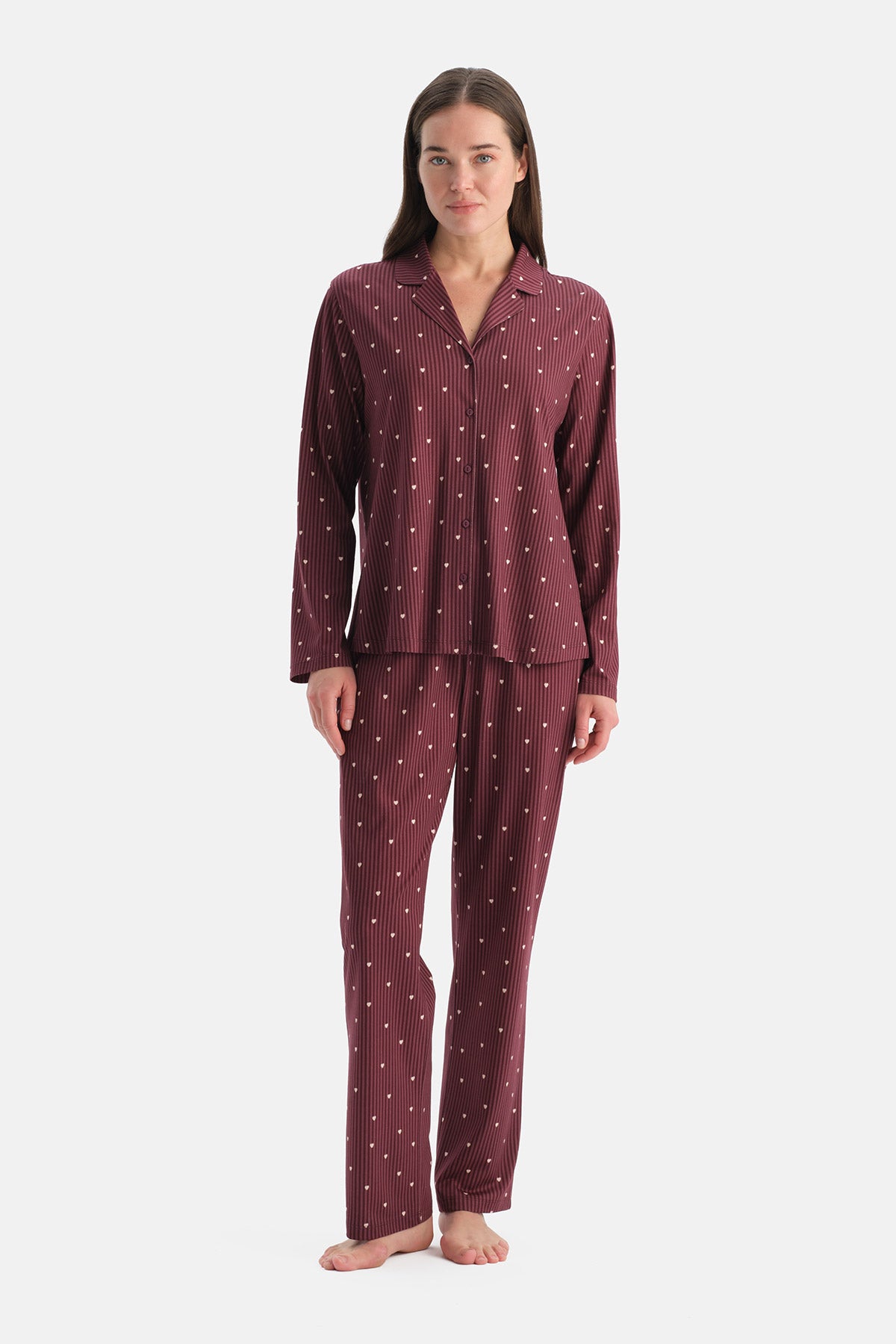 Mürdüm Çizgili Pamuk Modal Gömlek Pijama Takımı