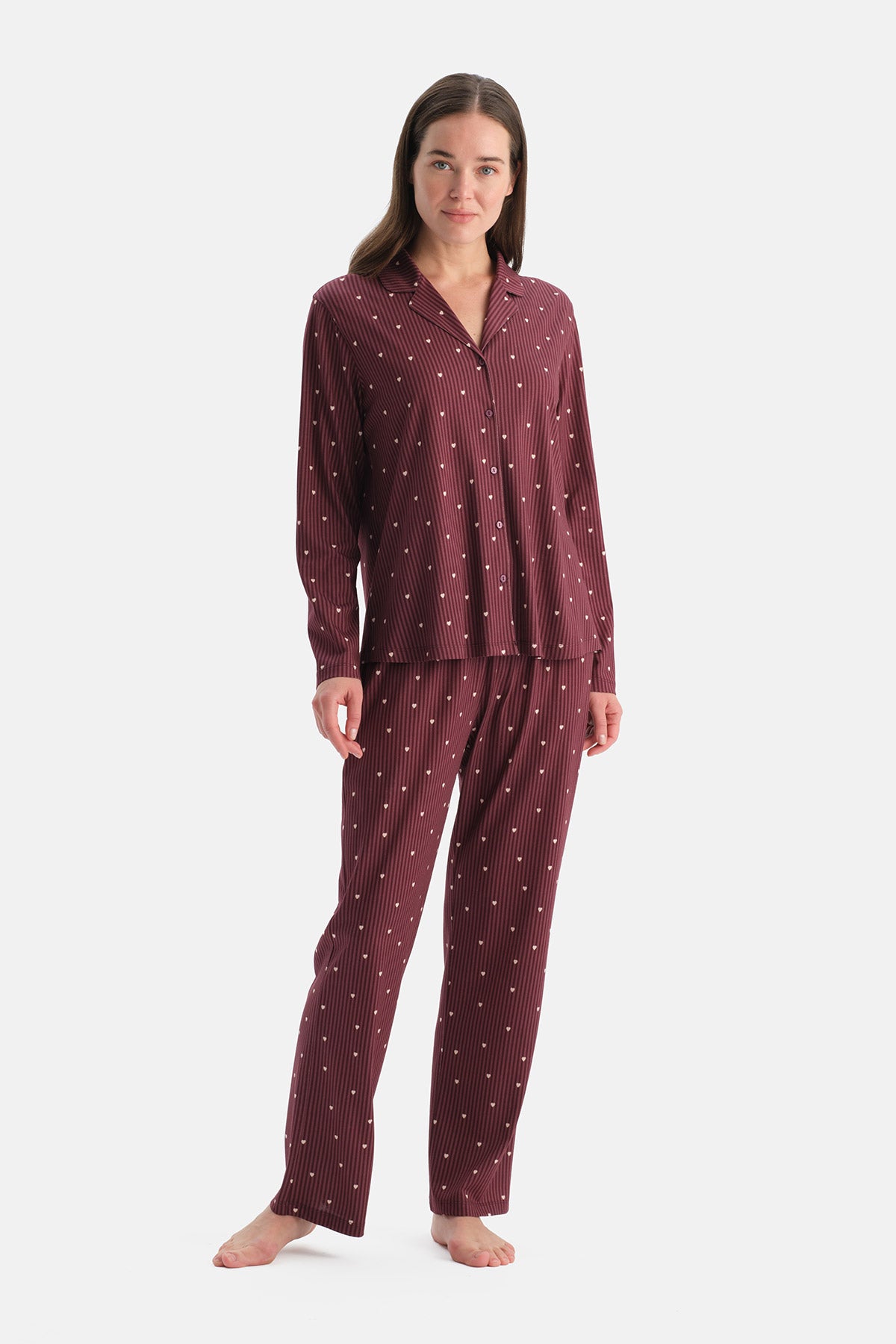 Mürdüm Çizgili Pamuk Modal Gömlek Pijama Takımı