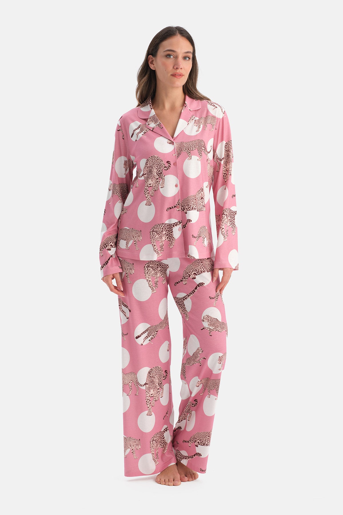 Pembe Leopar Desenli Pamuk Modal Gömlek Pijama Takımı