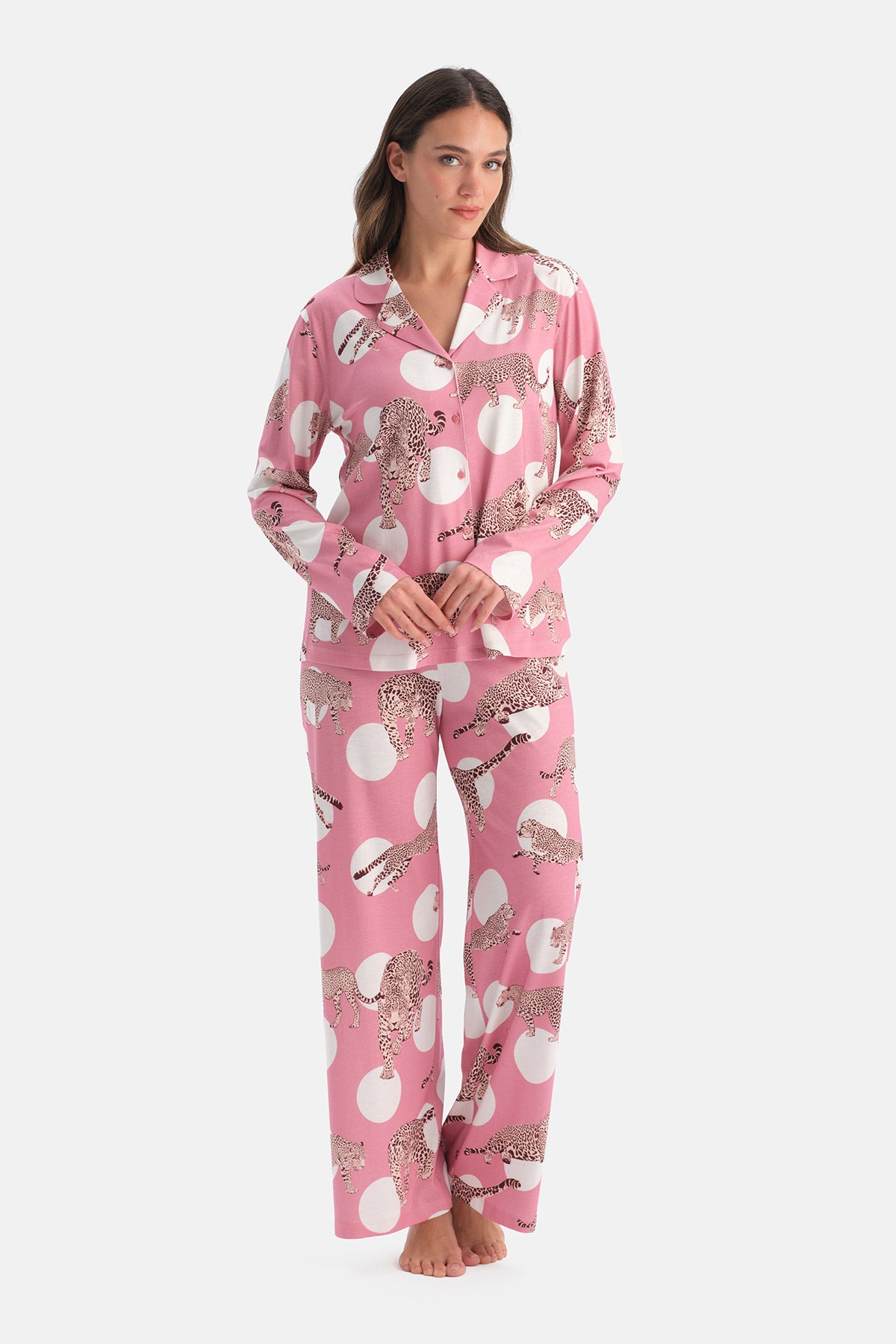 Pembe Leopar Desenli Pamuk Modal Gömlek Pijama Takımı