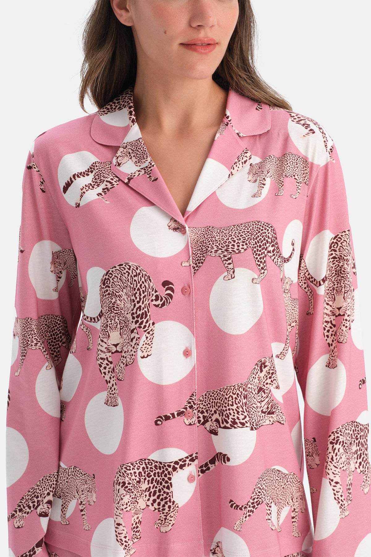 Pembe Leopar Desenli Pamuk Modal Gömlek Pijama Takımı