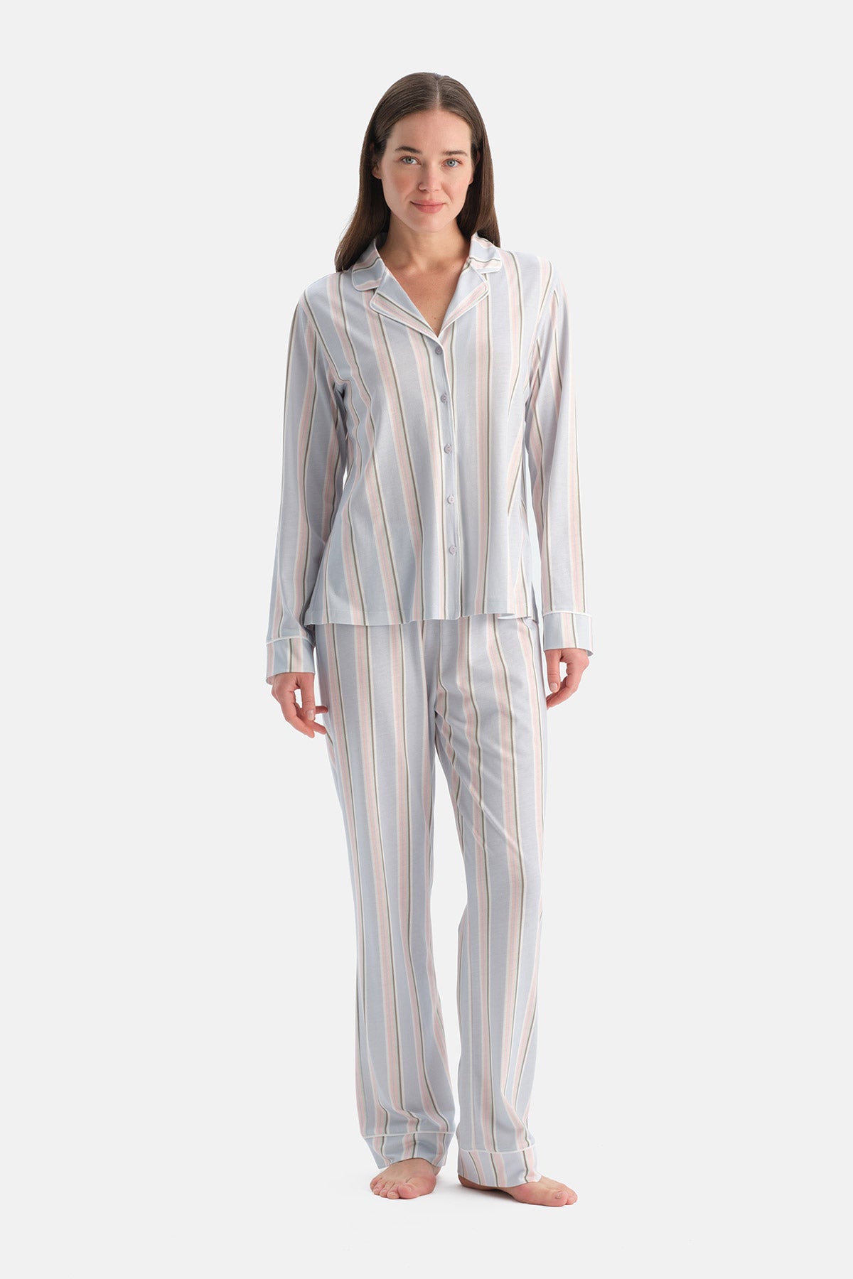 Açık Mavi Çizgili Pamuk Modal Gömlek Pijama Takımı