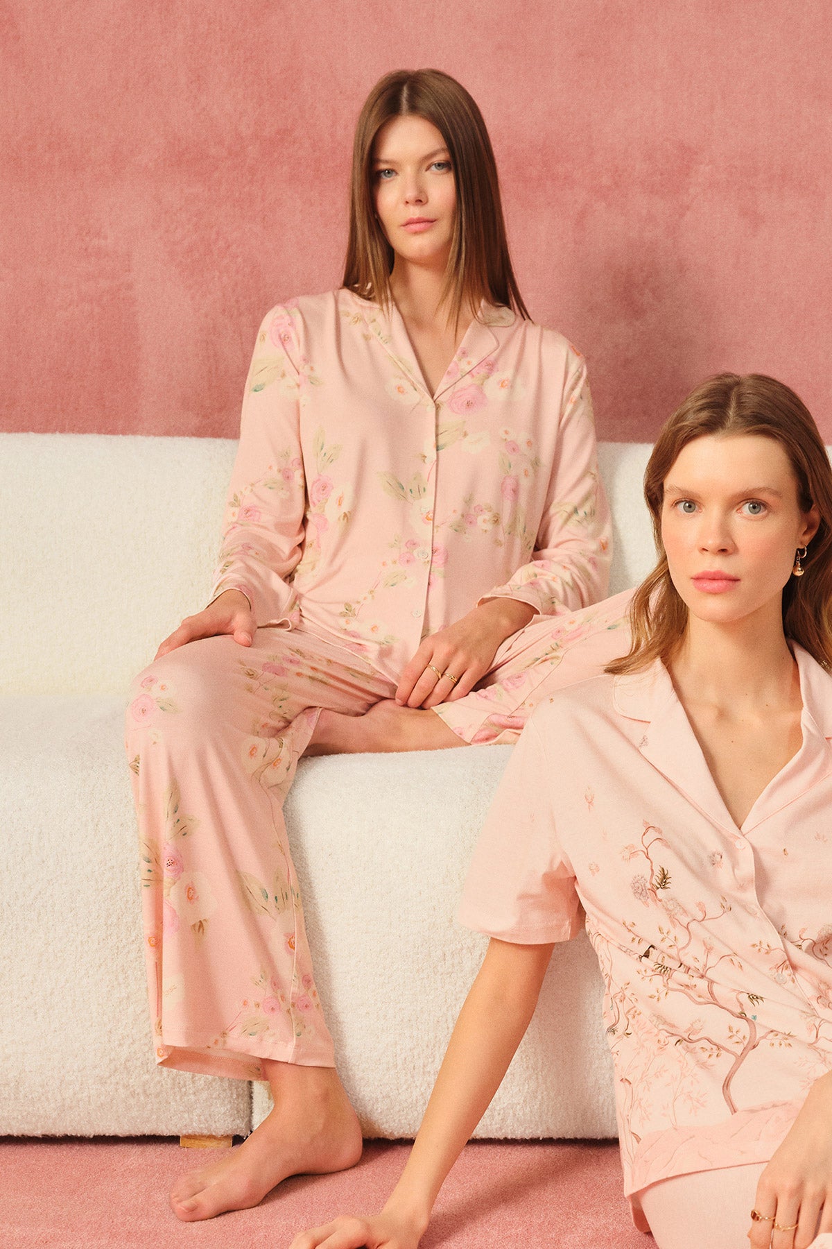 Açık Pembe Çiçekli Siroviskon Gömlek Pijama Takımı