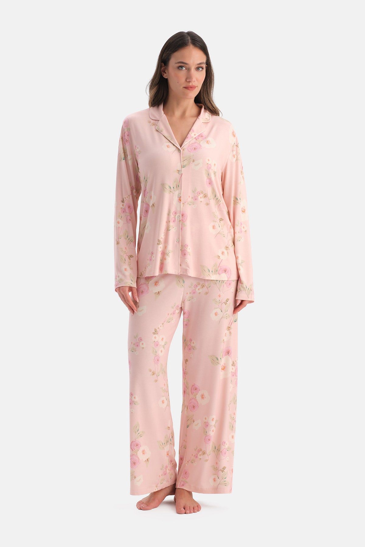 Açık Pembe Çiçekli Siroviskon Gömlek Pijama Takımı