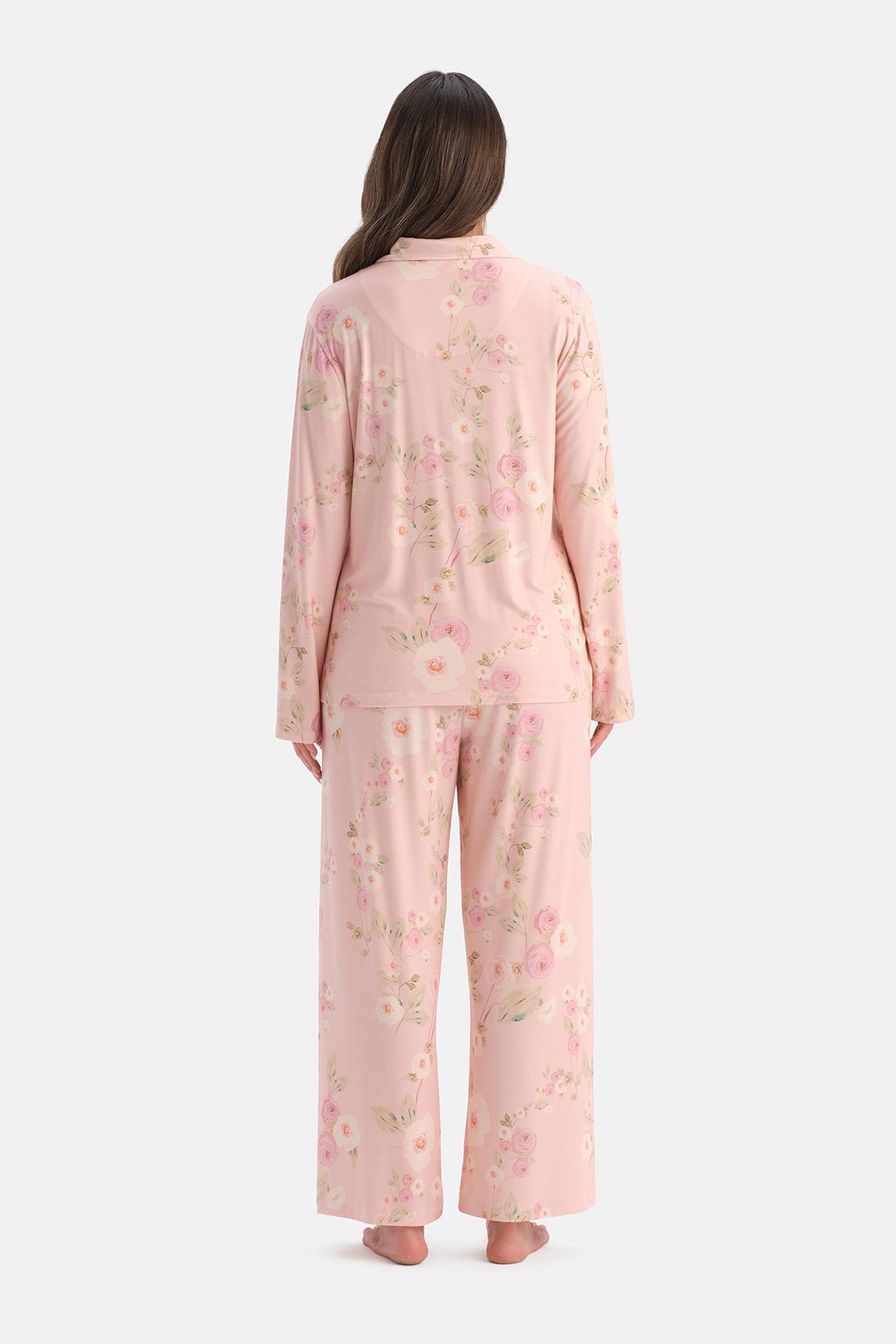 Açık Pembe Çiçekli Siroviskon Gömlek Pijama Takımı