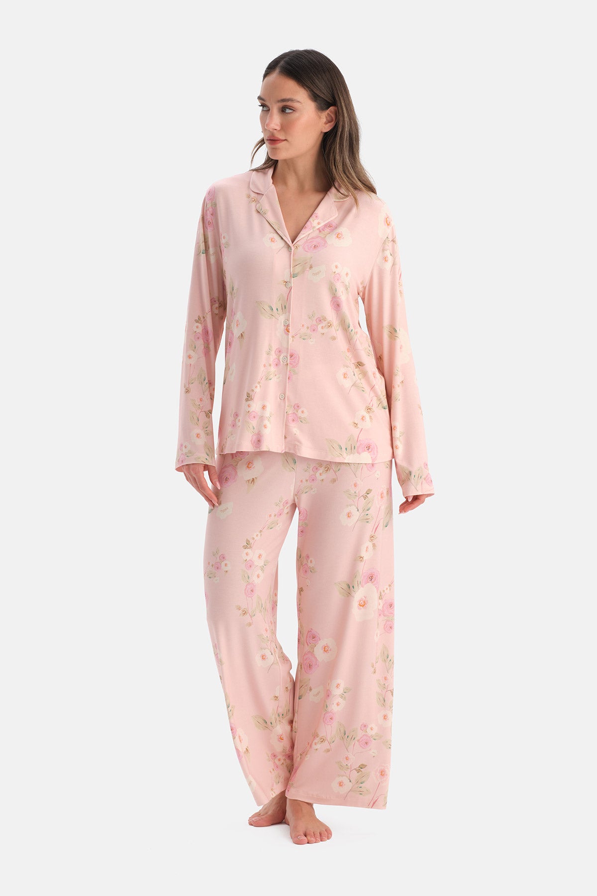 Açık Pembe Çiçekli Siroviskon Gömlek Pijama Takımı