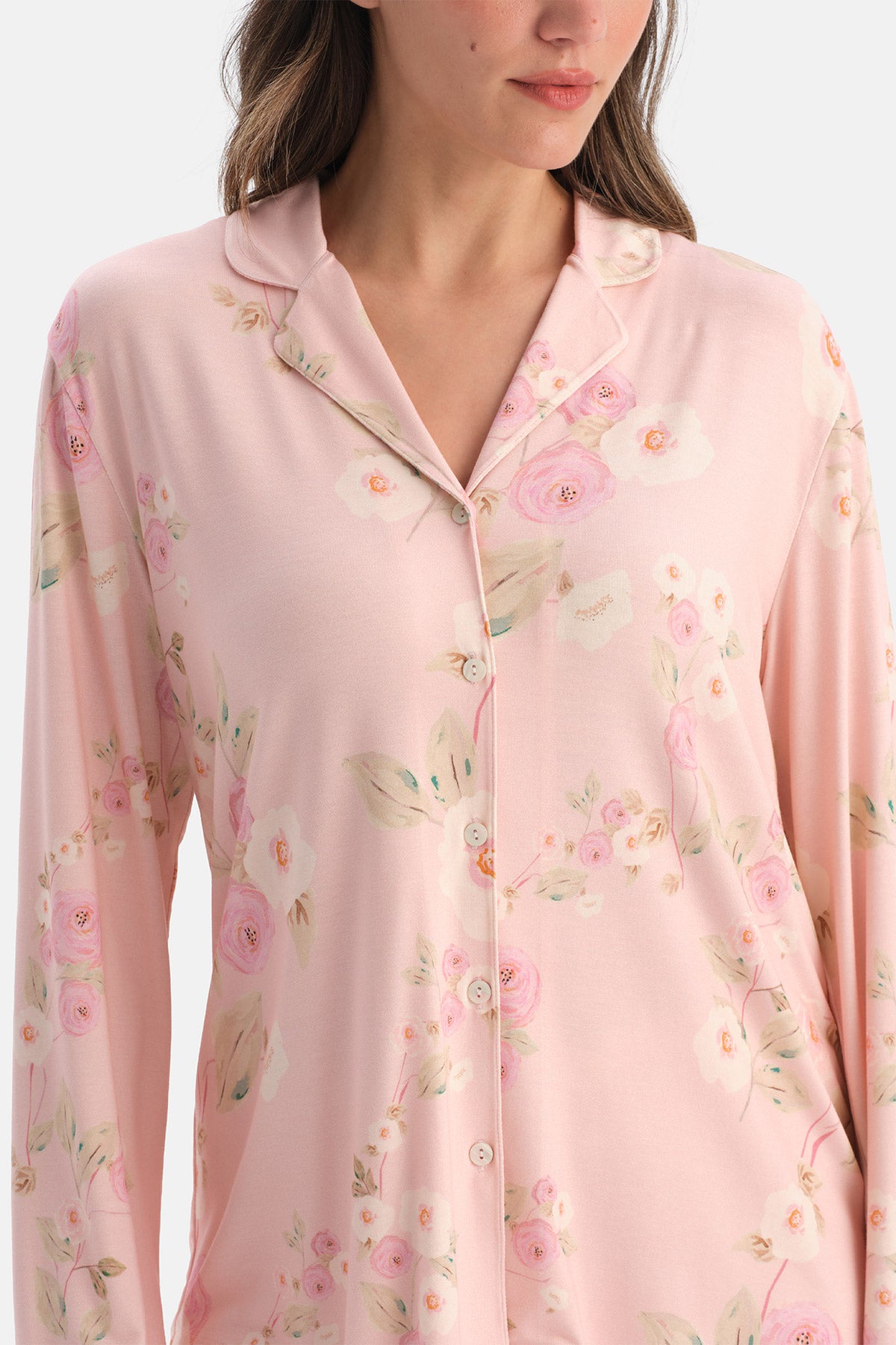 Açık Pembe Çiçekli Siroviskon Gömlek Pijama Takımı