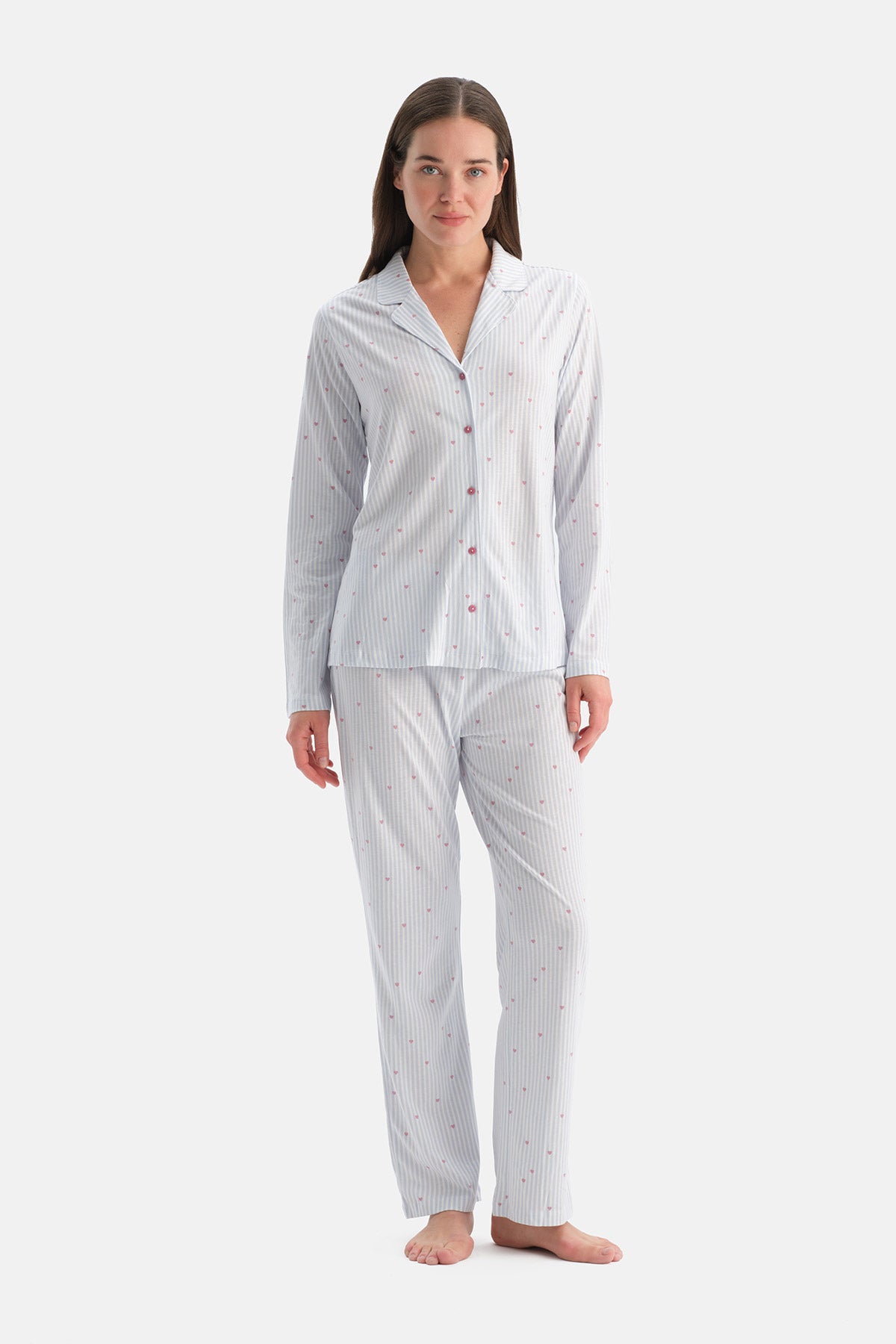Açık Mavi Çizgili Pamuk Modal Gömlek Pijama Takımı