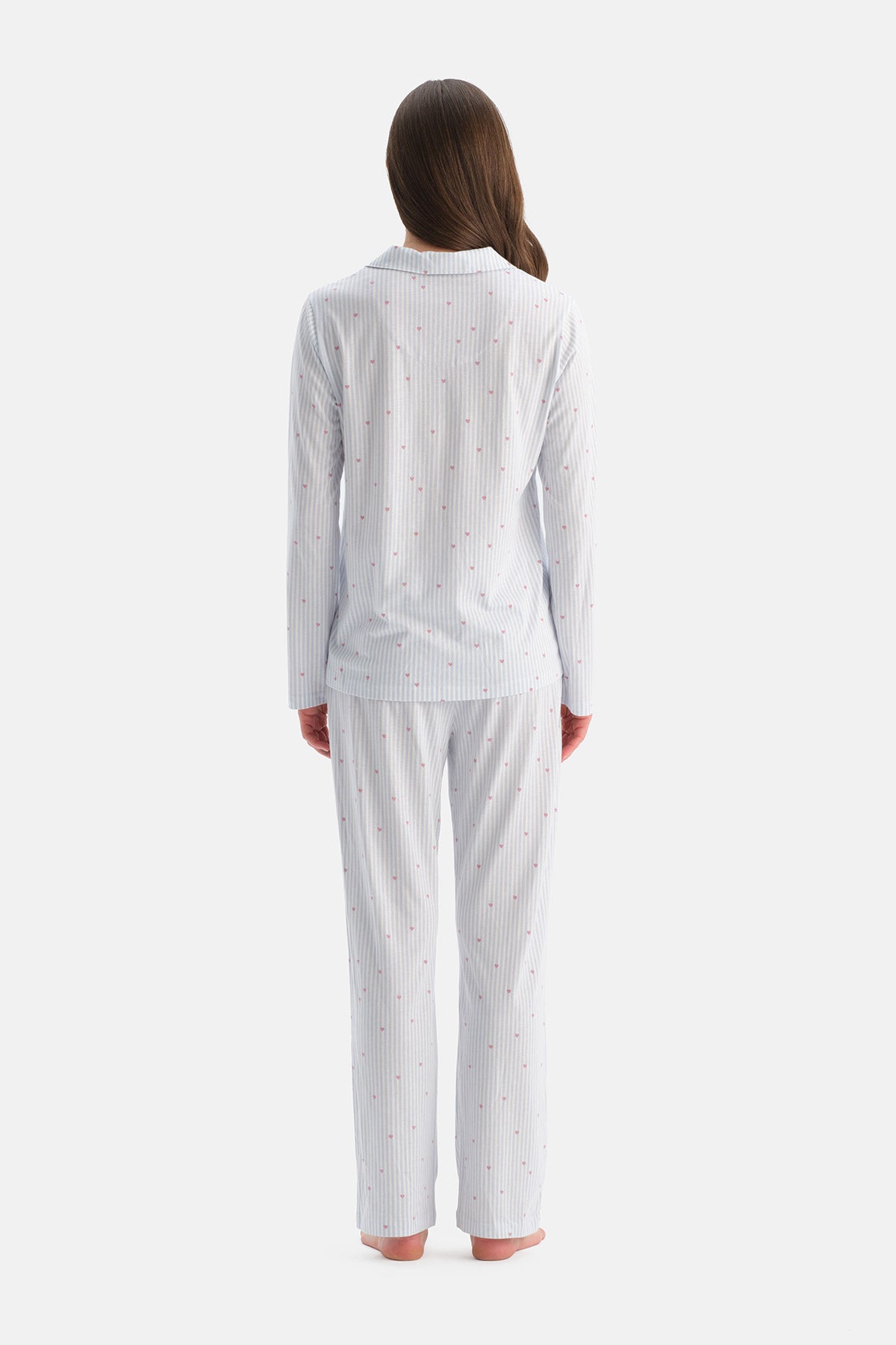 Açık Mavi Çizgili Pamuk Modal Gömlek Pijama Takımı