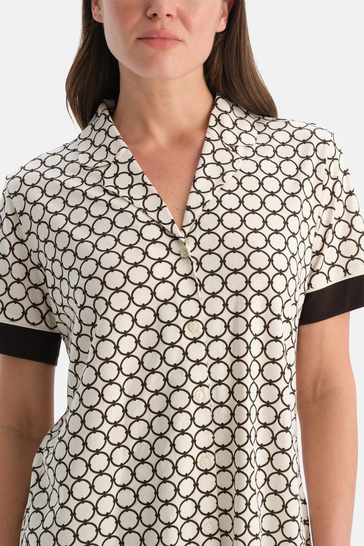 Ekru Geometrik Desenli Pamuk Modal Pijama Takımı