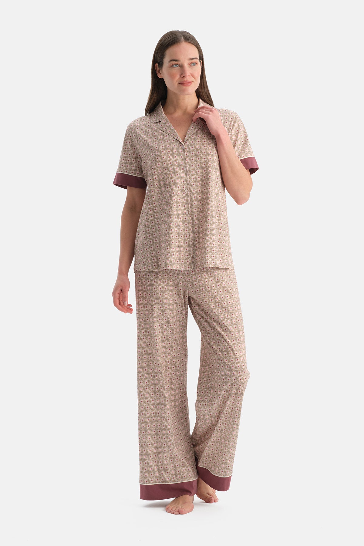 Multicolor Geometrik Desenli Pamuk Modal Gömlek Pijama Takımı