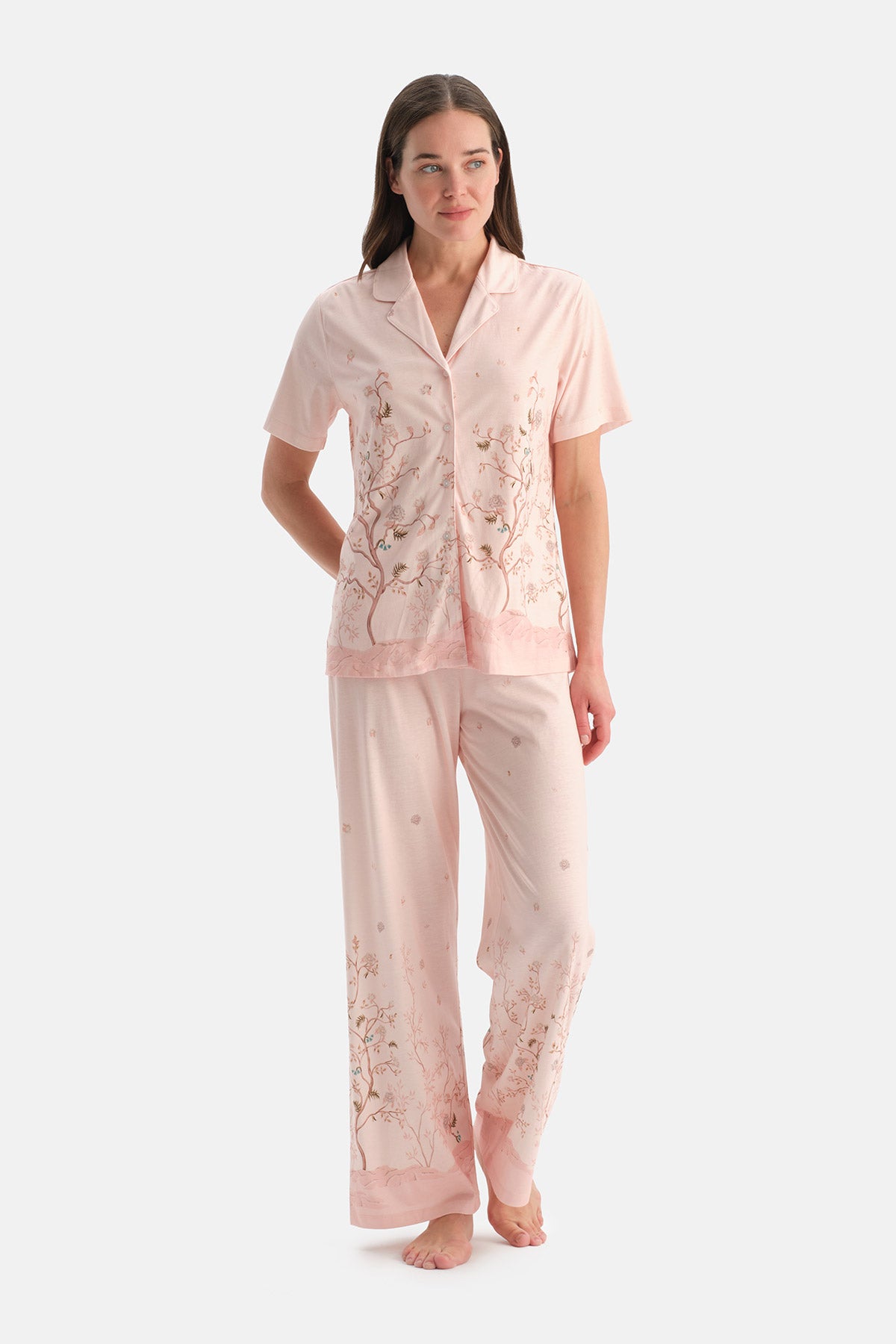 Açık Pembe Çiçekli Pamuk Modal Gömlek Pijama Takımı