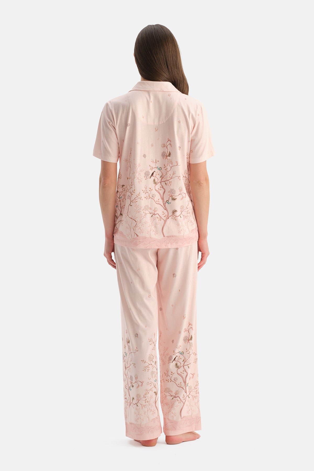 Açık Pembe Çiçekli Pamuk Modal Gömlek Pijama Takımı