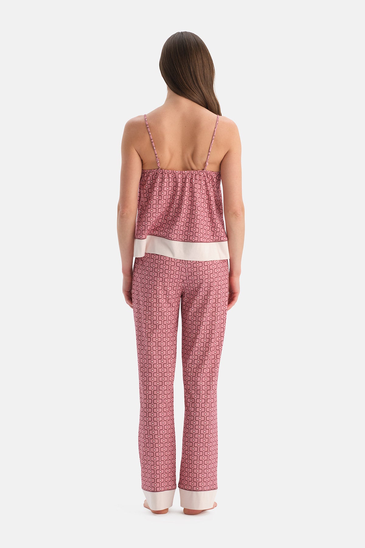 Pembe Geometrik Desenli Pamuk Modal Atlet Pantolon Pijama Takımı