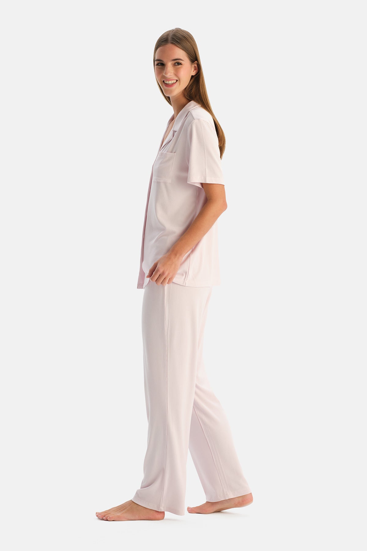 Açık Pembe Modal Ribana Gömlek Pantolon Pijama Takımı
