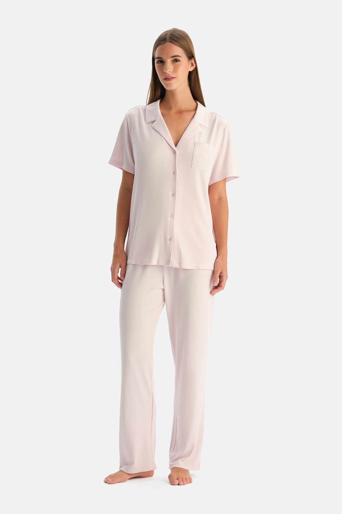 Açık Pembe Modal Ribana Gömlek Pantolon Pijama Takımı