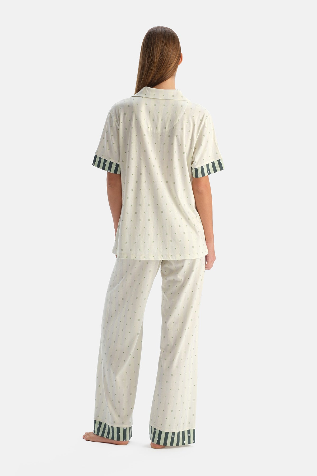 Su Yeşili Geometrik Desenli Gömlek Pantolon Pijama Takımı