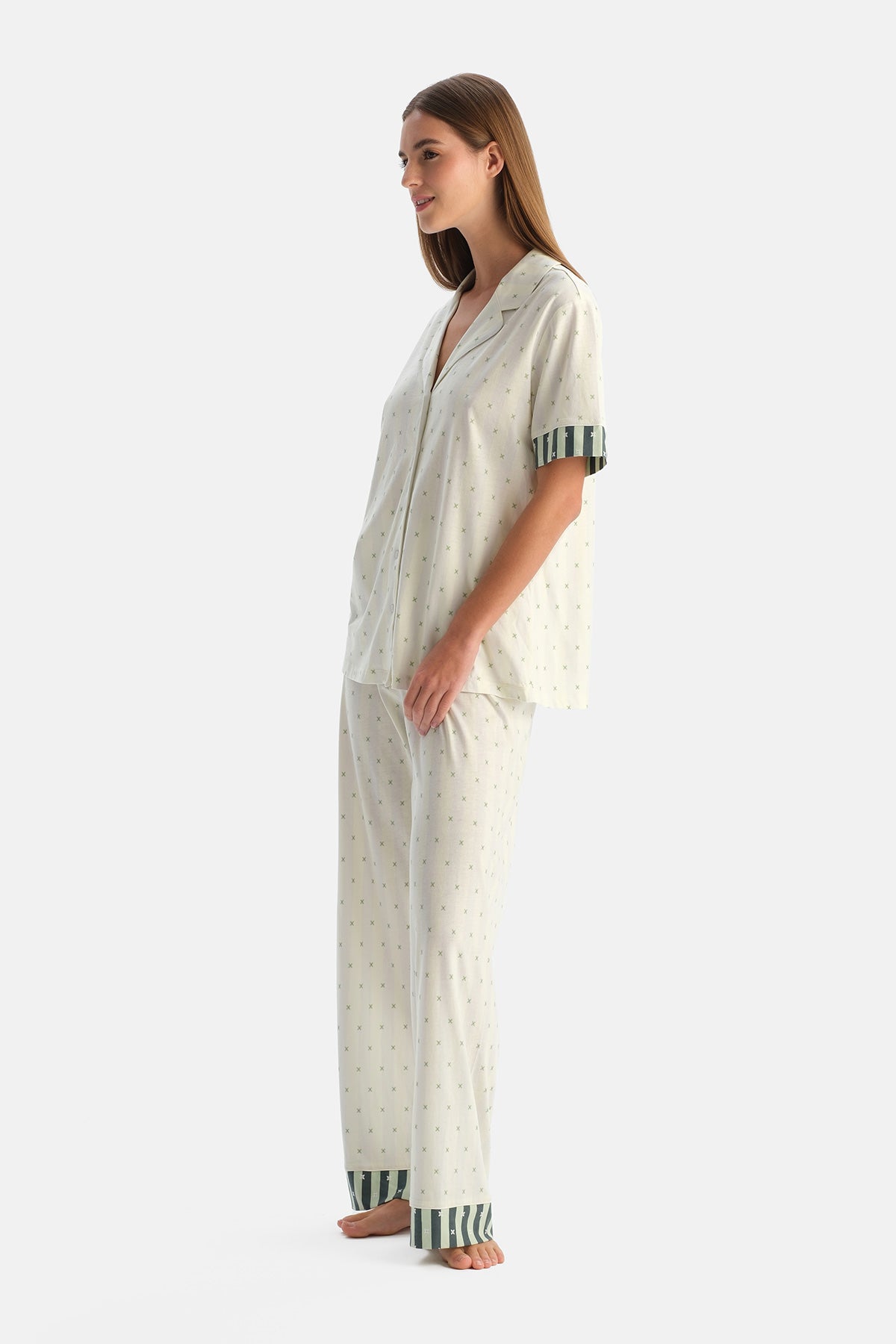 Su Yeşili Geometrik Desenli Gömlek Pantolon Pijama Takımı