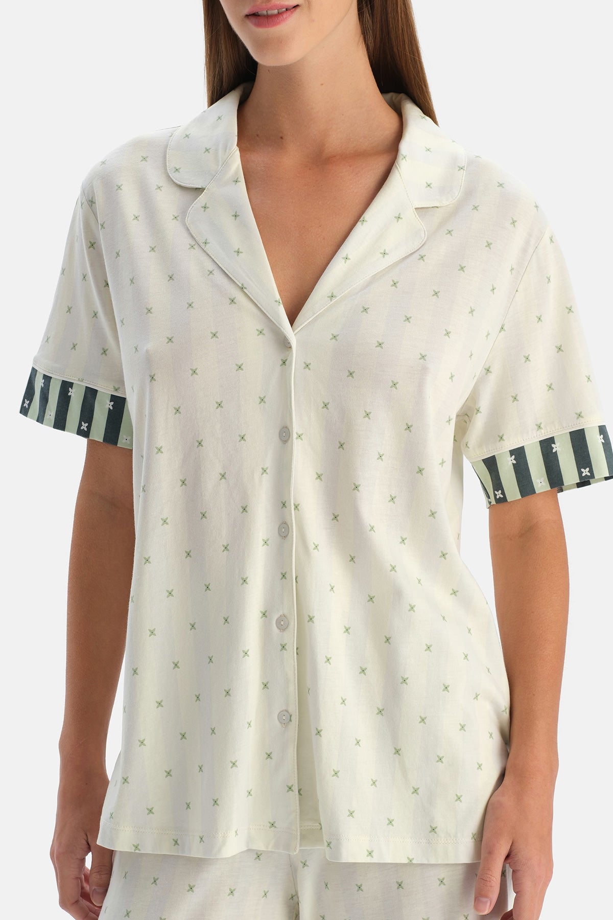 Su Yeşili Geometrik Desenli Gömlek Pantolon Pijama Takımı