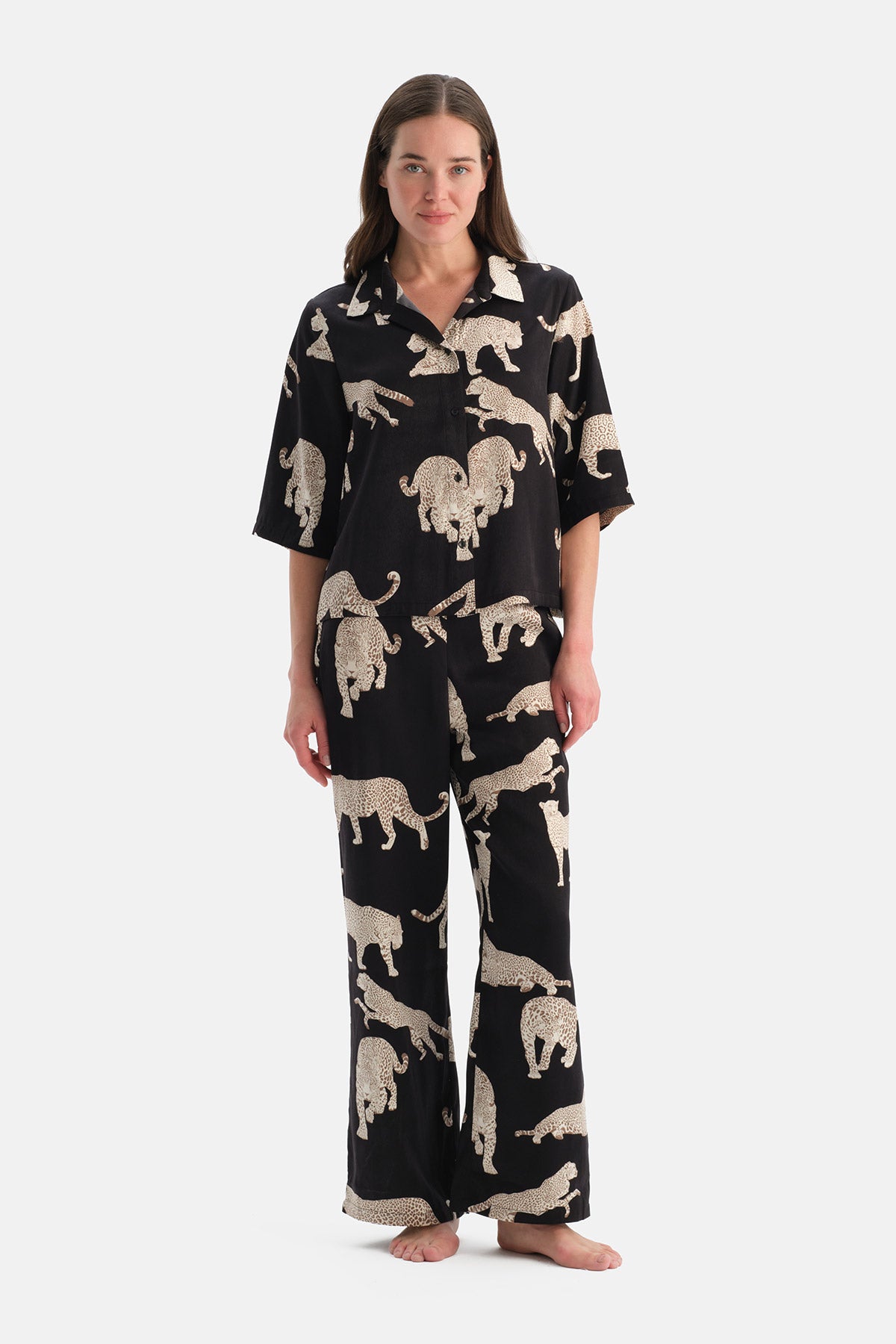 LEOPAR DESENLİ SATEN GÖMLEK PANTOLON TAKIM