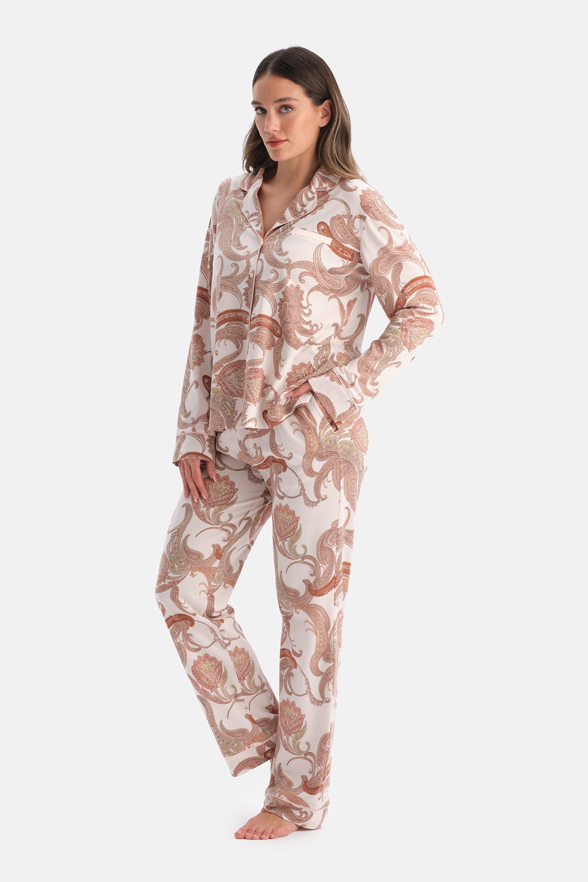 Açık Pembe Şal Desenli Penye Modal Gömlek Pantolon Pijama Takımı