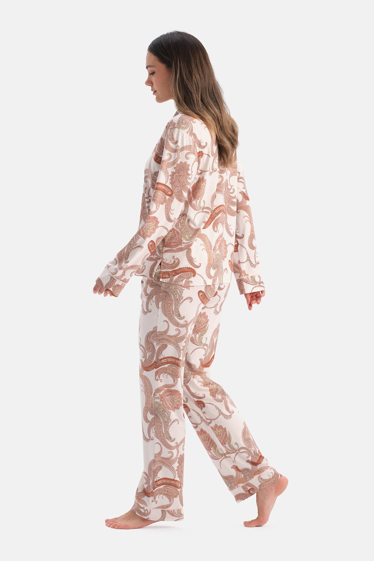 Açık Pembe Şal Desenli Penye Modal Gömlek Pantolon Pijama Takımı