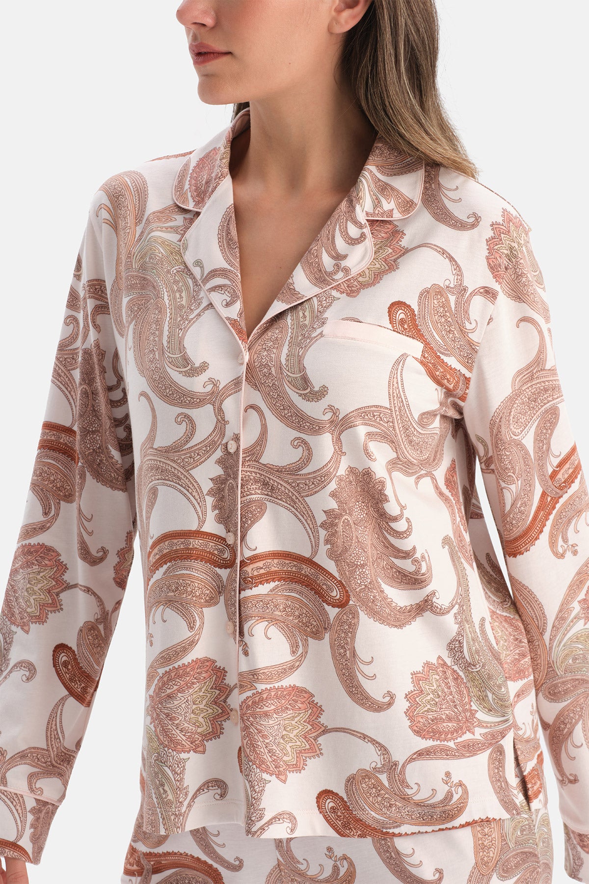 Açık Pembe Şal Desenli Penye Modal Gömlek Pantolon Pijama Takımı