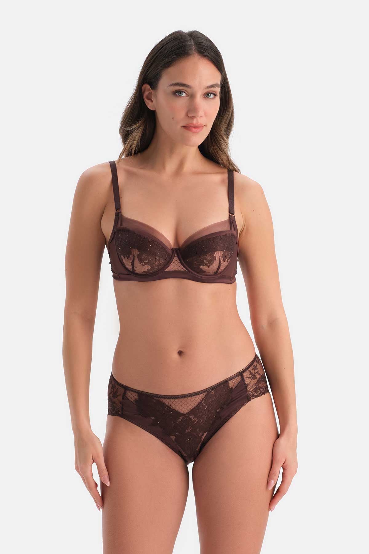 Kahverengi Dantel Detaylı Sütyen