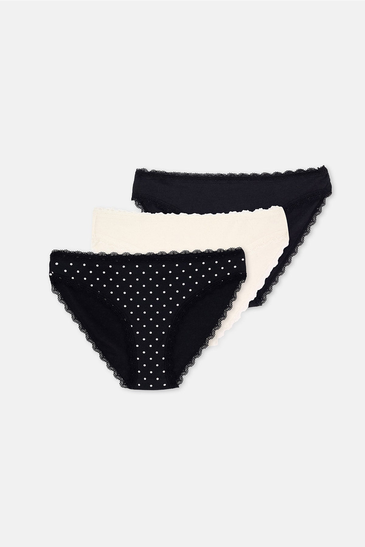 Ekru-Siyah 3'lü Bel ve Paça Dantel Detaylı Baskılı Brief Külot