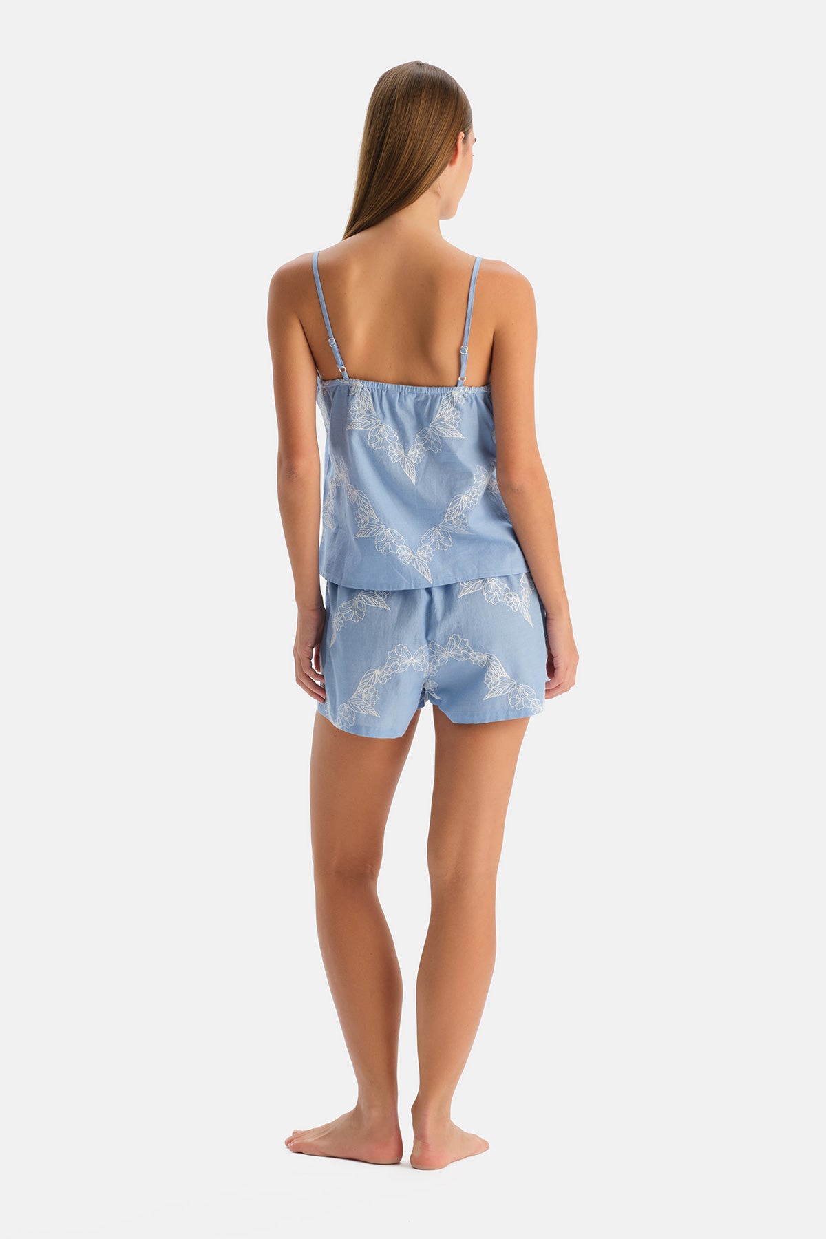 Mavi Nakış Detaylı Dokuma Camisole Şort Takım