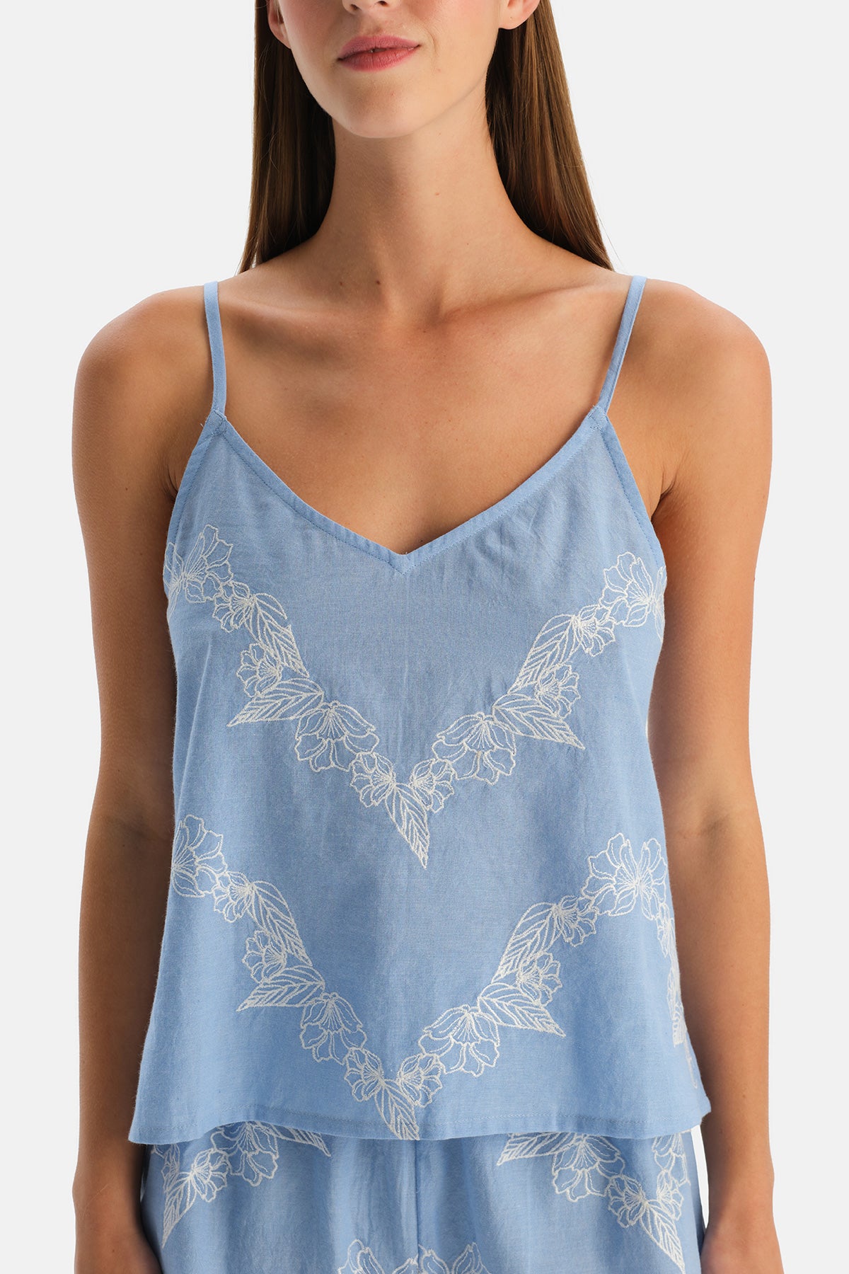 Mavi Nakış Detaylı Dokuma Camisole Şort Takım