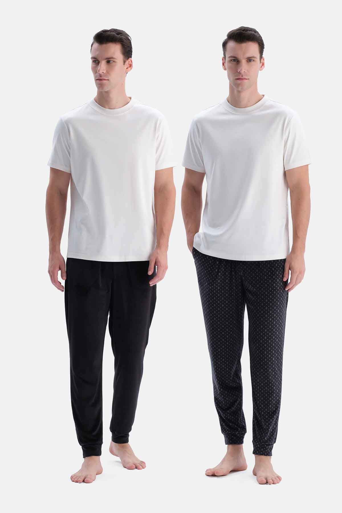 Siyah Jogger Paça Baskılı Termal İkili Pantolon