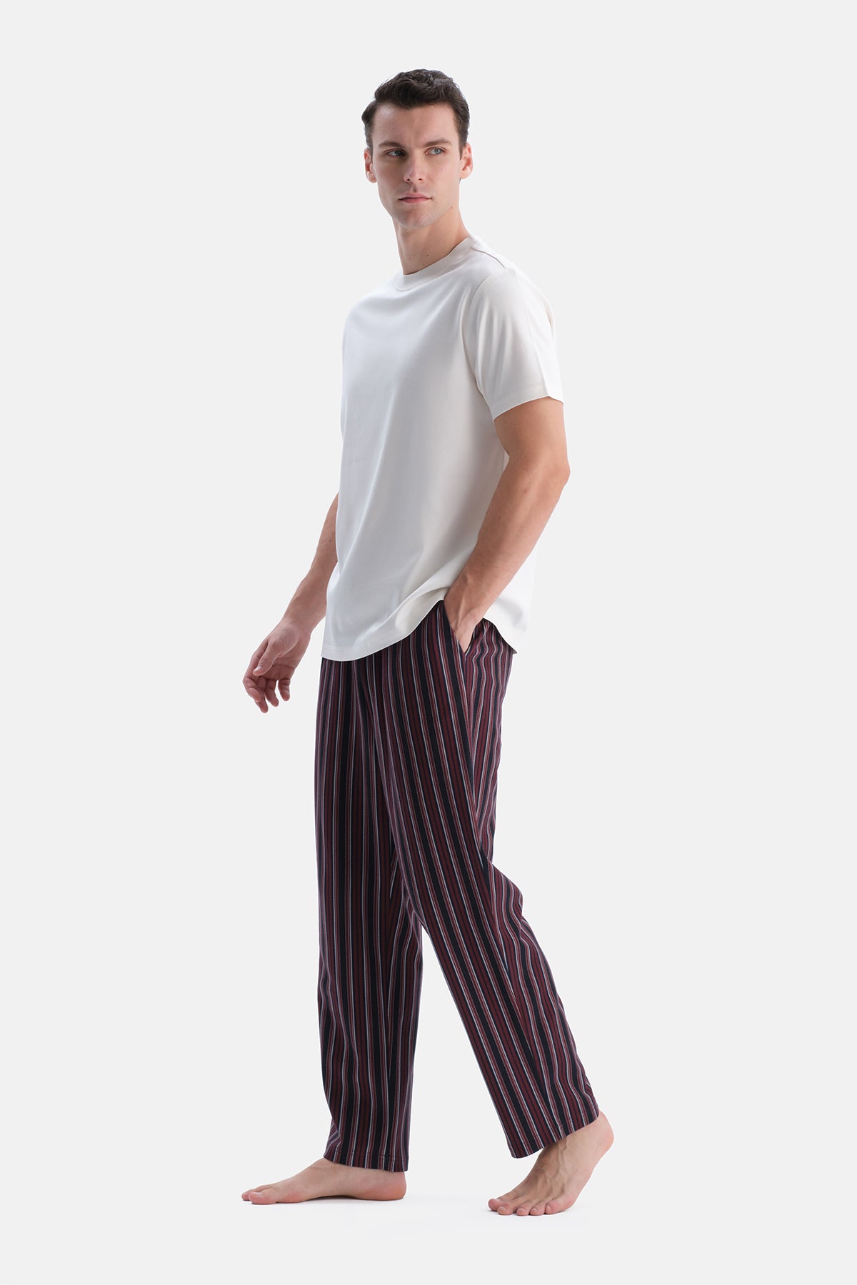 Bordo Çizgi Desenli İnterlok Örme Pantolon